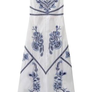 Zara Strapless White Dress with Blue Embroidery